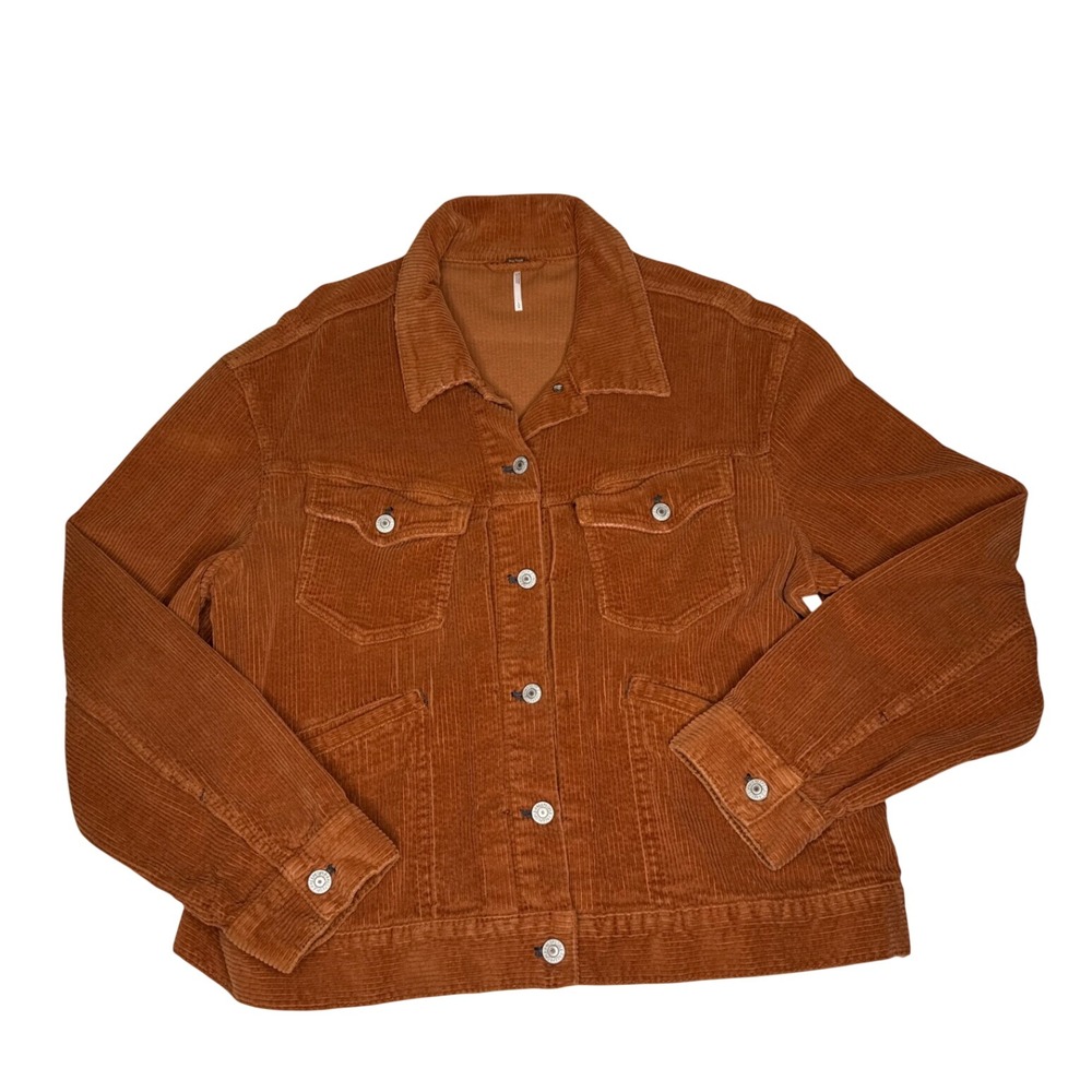 Free People Jacket Women L Orange Cotton Corduroy Trucker Button Front Boho Coat